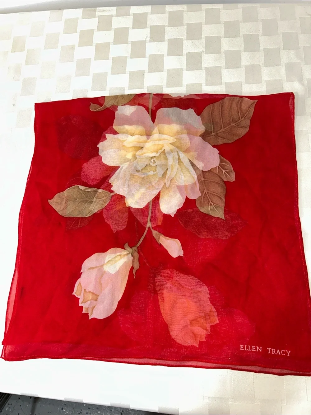 Ellen Tracy Red Floral Scarf with Cream Blooms